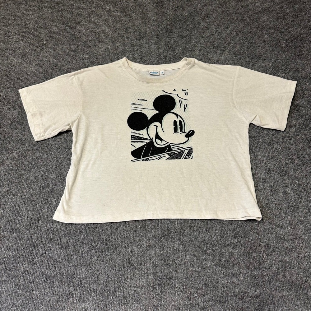 Disney T-Shirt Womens Size S Cream Mickey Mouse Graphic Short Sleeve Cropped Tee